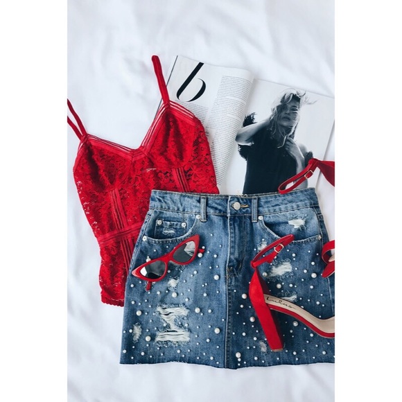 Pearl Embellished Distressed Denim Mini Skirt - Picture 6 of 6